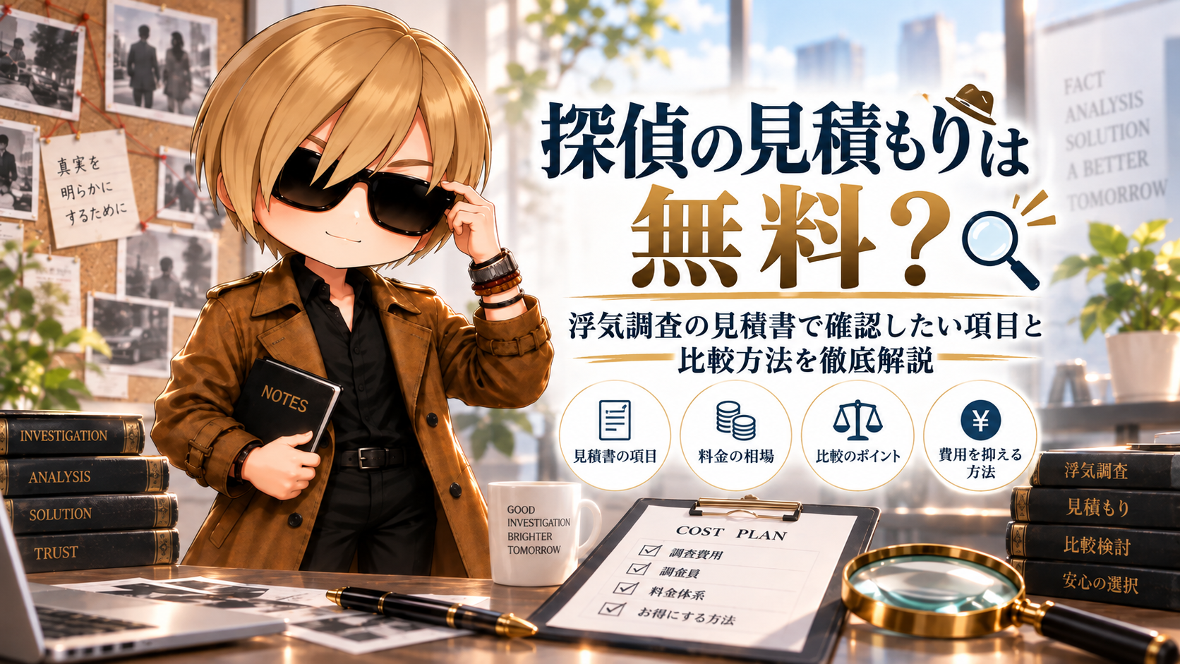 altタグ： 探偵の見積もりは無料？浮気調査の見積書で確認したい項目や料金相場、探偵事務所の比較方法を解説するイラスト