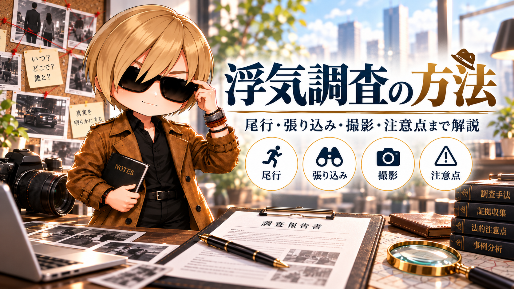 浮気調査の方法を解説するアイキャッチ画像。探偵による尾行・張り込み・撮影と調査時の注意点を、サングラス姿の探偵キャラクターとともに紹介。