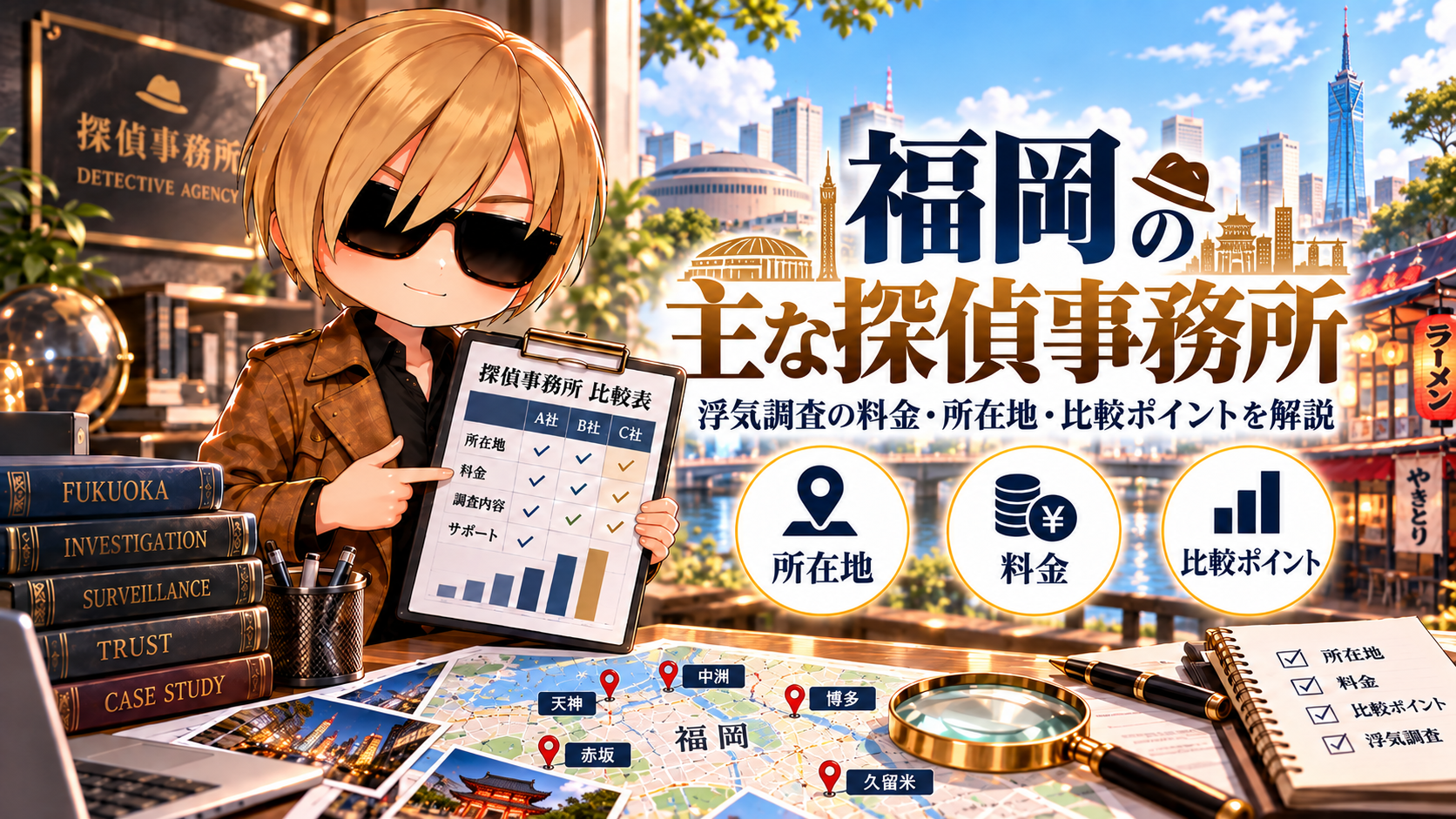 福岡の主な探偵事務所7社の所在地・浮気調査の料金・比較ポイントを解説。福岡タワーや博多の街並みを背景に、探偵事務所の比較表を持つ探偵キャラクターを描いたアイキャッチ画像。